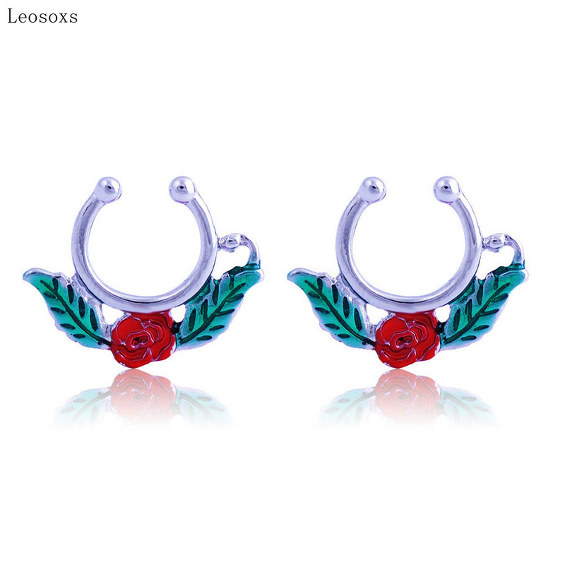 Leosoxs 2 bucăți coreeană piercing de nișă inel în formă de U pentru nas, decor pentru clemă pentru sept nazal, inel pentru nas fals din frunze de trandafir