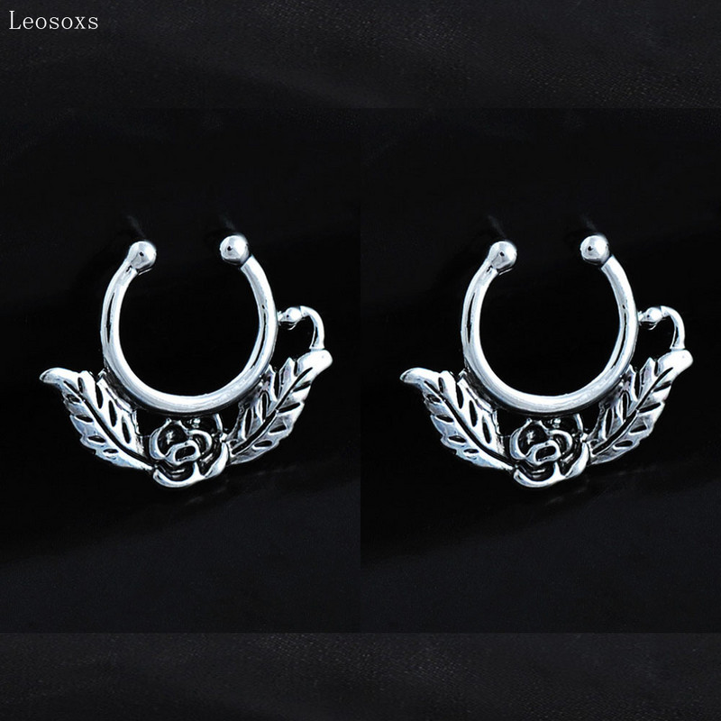 Leosoxs 2 bucăți coreeană piercing de nișă inel în formă de U pentru nas, decor pentru clemă pentru sept nazal, inel pentru nas fals din frunze de trandafir