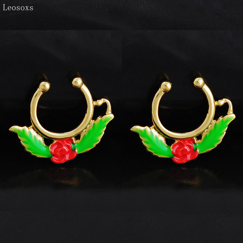 Leosoxs 2 bucăți coreeană piercing de nișă inel în formă de U pentru nas, decor pentru clemă pentru sept nazal, inel pentru nas fals din frunze de trandafir