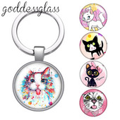 Pisici din desene animate Drăguț pisică drăguță animal de companie rotund sticlă cabochon breloc geantă breloc mașină suport inel brelocuri brelocuri cadouri