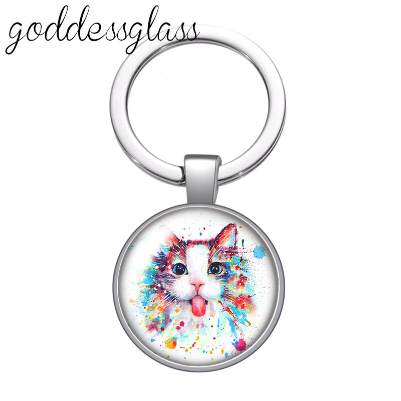 Pisici din desene animate Drăguț pisică drăguță animal de companie rotund sticlă cabochon breloc geantă breloc mașină suport inel brelocuri brelocuri cadouri