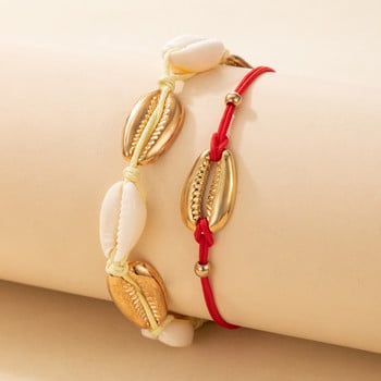 Tocona Boho Gold Color Shell Cowrie Glezen Set за жени Регулируемо ръчно изработено въже, верига за крака Женско плажно парти Бижута Подаръци