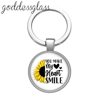 Új napraforgó és idézetek "Love World Best Mom Lucky" üveg cabochon kulcstartó Táska Autós kulcstartó Gyűrűtartó Charms kulcstartó ajándék