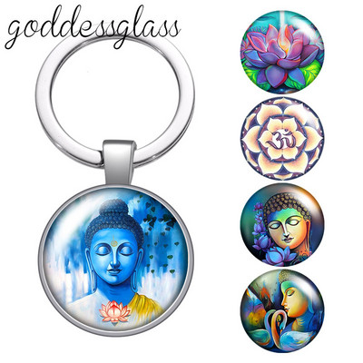 Buddha szobor vallás Buddhizmus lótusz kerek üveg cabochon kulcstartó Táska Autós kulcstartó Gyűrűtartó Bájok kulcstartók Ajándékok