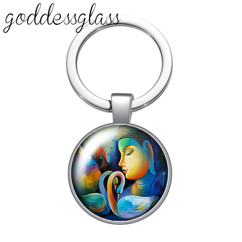 Statuia lui Buddha religie budism lotus breloc cabochon din sticlă rotundă geantă breloc mașină suport inel brelocuri brelocuri cadouri