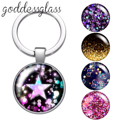 Цветни блестящи звезди Bubble Glitters Кръгъл стъклен кабошон ключодържател Чанта Автомобилен ключодържател Пръстен Държач Charms ключодържатели за подарък
