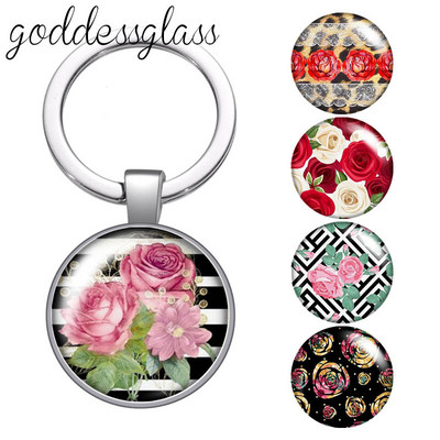 Jauni rožu ziedu raksti margrietiņa ananāsi 25 mm stikla kabošona atslēgu piekariņš Bag Auto atslēgu piekariņš Gredzena turētājs Charms atslēgu piekariņi dāvana