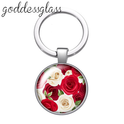Nauji rožių gėlių raštai Daisy Ananasų 25 mm stiklo kabošonas raktų pakabukas Krepšys Automobilinis raktų pakabukas Žiedo laikiklis Charms raktų pakabukai dovana