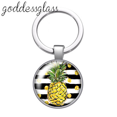 Nauji rožių gėlių raštai Daisy Ananasų 25 mm stiklo kabošonas raktų pakabukas Krepšys Automobilinis raktų pakabukas Žiedo laikiklis Charms raktų pakabukai dovana