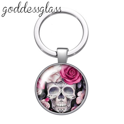 New Rose Flower Skull Punk Fashion 25mm sticlă cabochon breloc geantă mașină breloc suport inel brelocuri brelocuri cadou