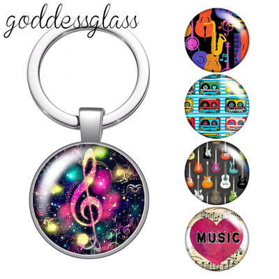 Love Music Guitar Notes hangszerek 25 mm-es üveg cabochon kulcstartó Táska Autós kulcstartó Gyűrűtartó Charms kulcstartók ajándék