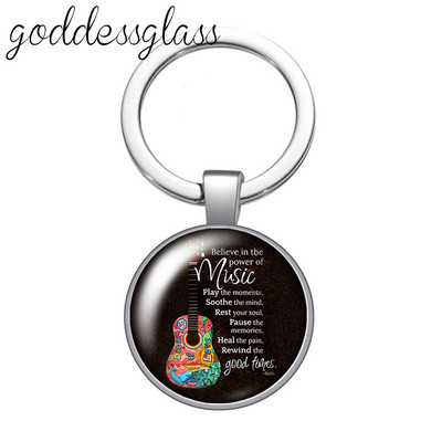 Love Music Guitar Notes hangszerek 25 mm-es üveg cabochon kulcstartó Táska Autós kulcstartó Gyűrűtartó Charms kulcstartók ajándék