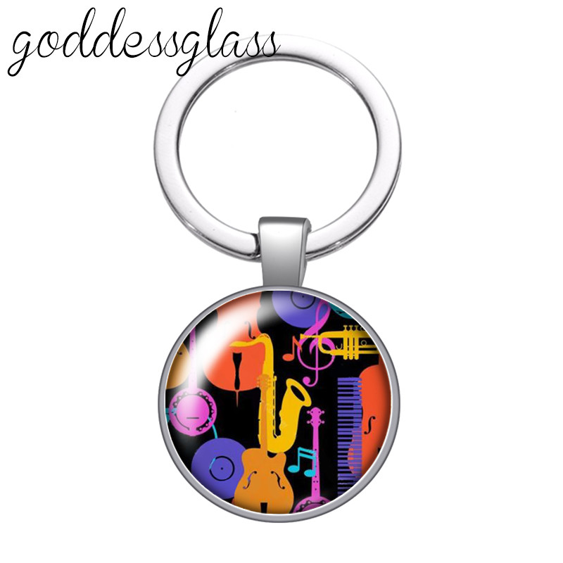 Love Music Guitar Notes hangszerek 25 mm-es üveg cabochon kulcstartó Táska Autós kulcstartó Gyűrűtartó Charms kulcstartók ajándék