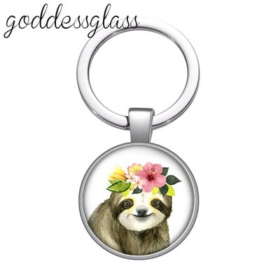 Aranyos lajhár Virágok Rajzok Bradypod üveg cabochon kulcstartó Táska Autós kulcstartó Gyűrűtartó Charms kulcstartók ajándék