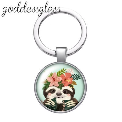 Aranyos lajhár Virágok Rajzok Bradypod üveg cabochon kulcstartó Táska Autós kulcstartó Gyűrűtartó Charms kulcstartók ajándék