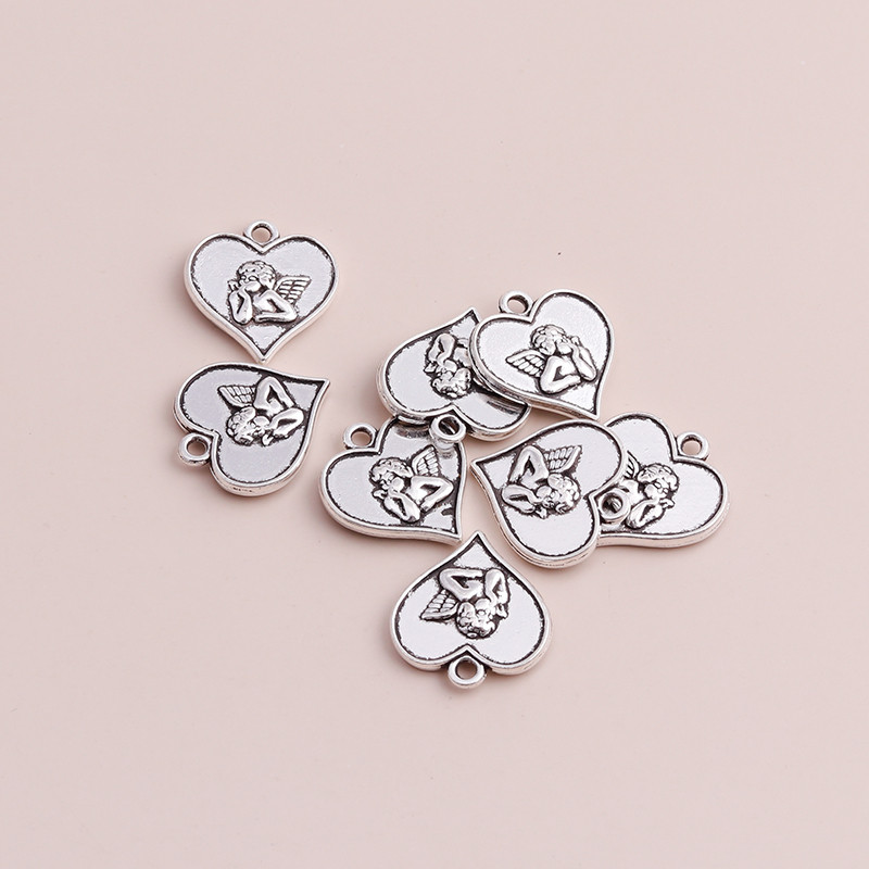 10 bucăți 19x19mm Brelocuri cu inimi de înger retro, argint antic, cu dragoste, înger, cupidon, pandantive, pentru colier, accesorii pentru bijuterii