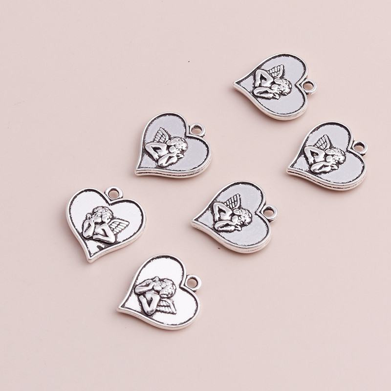 10 bucăți 19x19mm Brelocuri cu inimi de înger retro, argint antic, cu dragoste, înger, cupidon, pandantive, pentru colier, accesorii pentru bijuterii