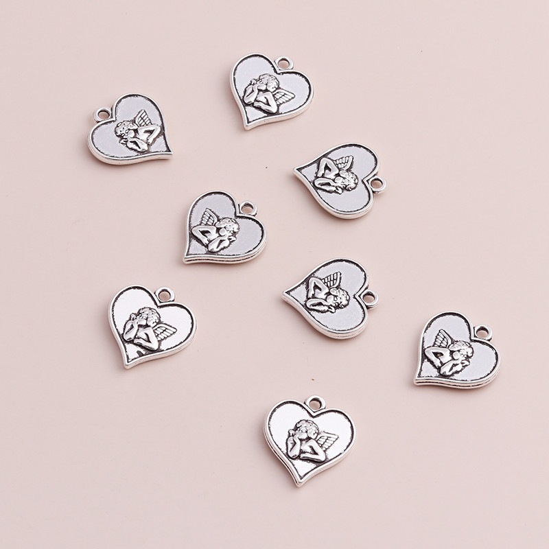 10 bucăți 19x19mm Brelocuri cu inimi de înger retro, argint antic, cu dragoste, înger, cupidon, pandantive, pentru colier, accesorii pentru bijuterii