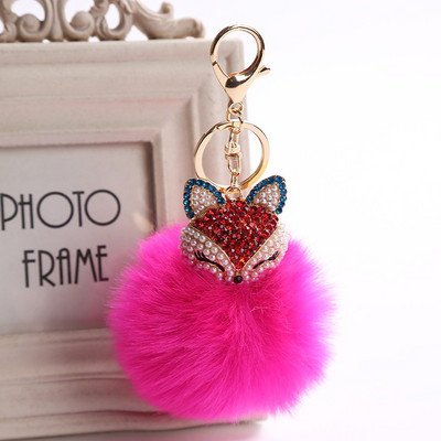 Breloc drăguț cu bilă de blană de vulpe, realizat manual, cu pompon de blană pufoasă, cu incrustație de strasuri, accesorii pentru geantă pentru doamnă, mini pandantiv pentru chei