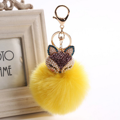 Breloc drăguț cu bilă de blană de vulpe, realizat manual, cu pompon de blană pufoasă, cu incrustație de strasuri, accesorii pentru geantă pentru doamnă, mini pandantiv pentru chei