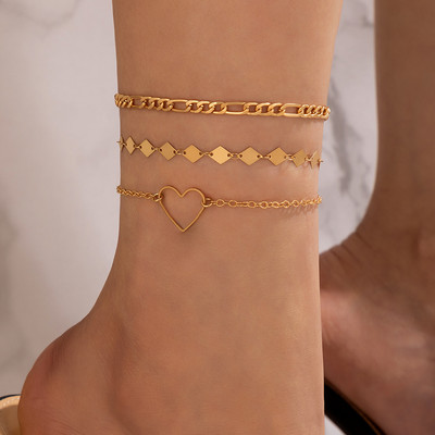 ToconaCharms Key Anklet Gold Wafer Shiny Rhinestone Foot Chain Регулируеми бохемски бижута Подарък за жени Мъже 2 бр./компл. 21467