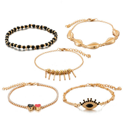 Tocona 5 бр./компл. Моден златист цвят Shell Tassel Anklet за жени Многослойни сърца с висулка Eye Glezen на крака Бижута 9546