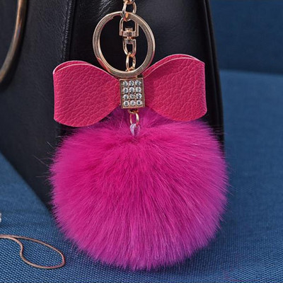 1 bucă breloc cu pompon din blană cu papion Decor breloc cu minge de blană de iepure falsă femei geantă mașină breloc bijuterii cadou pufos breloc