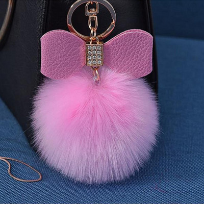 1 bucă breloc cu pompon din blană cu papion Decor breloc cu minge de blană de iepure falsă femei geantă mașină breloc bijuterii cadou pufos breloc