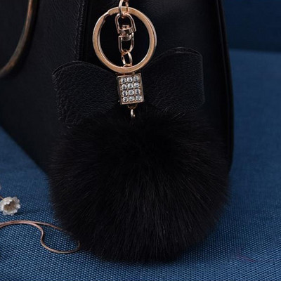 1 bucă breloc cu pompon din blană cu papion Decor breloc cu minge de blană de iepure falsă femei geantă mașină breloc bijuterii cadou pufos breloc