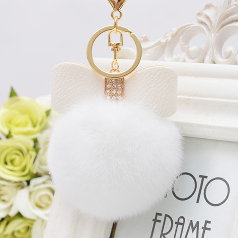 1 bucă breloc cu pompon din blană cu papion Decor breloc cu minge de blană de iepure falsă femei geantă mașină breloc bijuterii cadou pufos breloc
