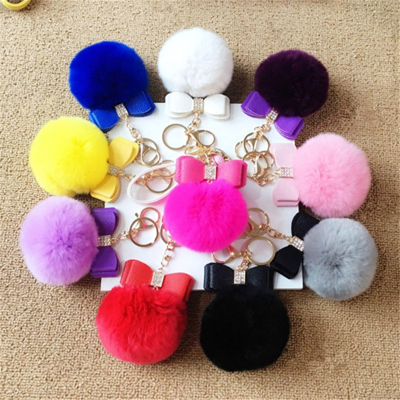 1 bucă breloc cu pompon din blană cu papion Decor breloc cu minge de blană de iepure falsă femei geantă mașină breloc bijuterii cadou pufos breloc