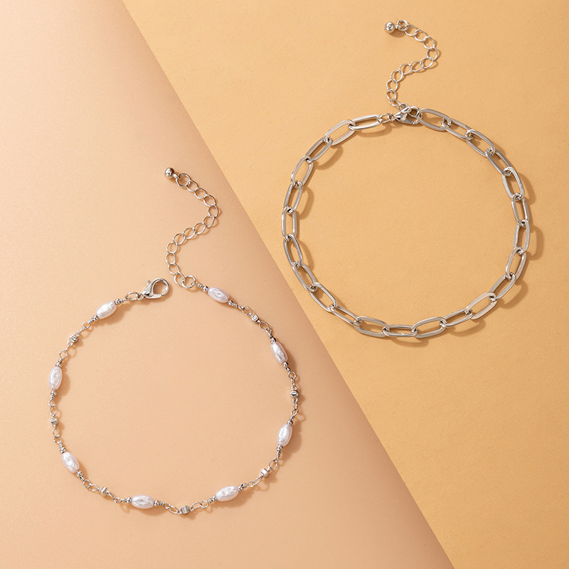 Tocona 2 ks/sada módnych bielych korálkových viacvrstvových náramkov na členok pre ženy, bohémsky geometrický strieborný farebný set náramkov na členok, párty šperky 20178