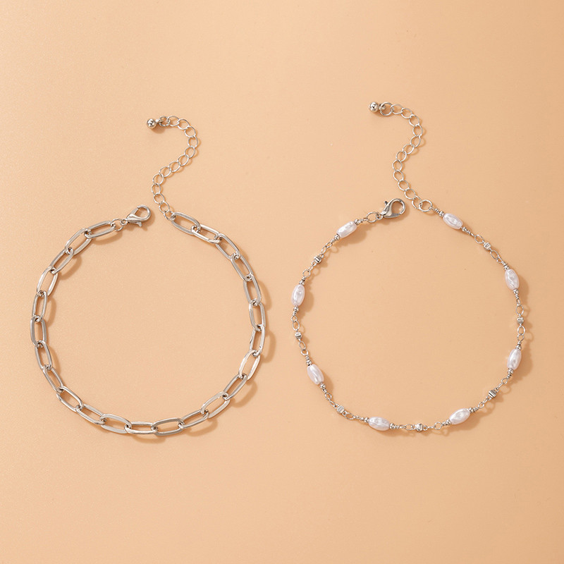 Tocona 2 ks/sada módnych bielych korálkových viacvrstvových náramkov na členok pre ženy, bohémsky geometrický strieborný farebný set náramkov na členok, párty šperky 20178