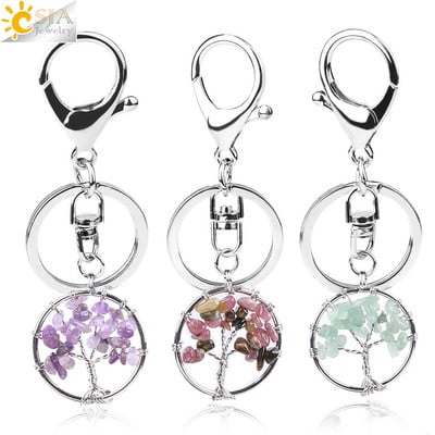 CSJA Pietra de cristal naturala Rotunda Arborele Vietii Pandantiv Brelocuri lucrate manual Suport cheie pentru femei Genti masina Accesorii E820