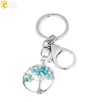 CSJA Pietra de cristal naturala Rotunda Arborele Vietii Pandantiv Brelocuri lucrate manual Suport cheie pentru femei Genti masina Accesorii E820
