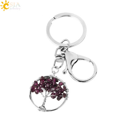 CSJA Pietra de cristal naturala Rotunda Arborele Vietii Pandantiv Brelocuri lucrate manual Suport cheie pentru femei Genti masina Accesorii E820