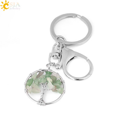 CSJA Pietra de cristal naturala Rotunda Arborele Vietii Pandantiv Brelocuri lucrate manual Suport cheie pentru femei Genti masina Accesorii E820