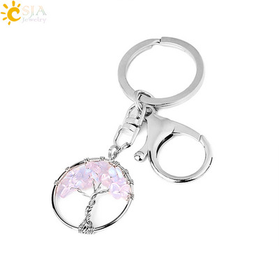 CSJA Pietra de cristal naturala Rotunda Arborele Vietii Pandantiv Brelocuri lucrate manual Suport cheie pentru femei Genti masina Accesorii E820