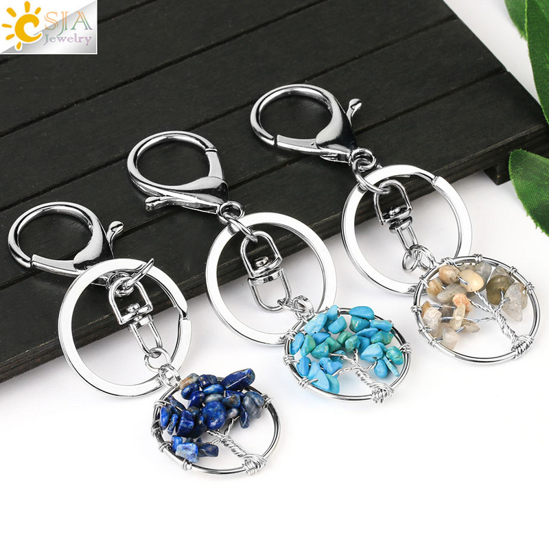 CSJA Pietra de cristal naturala Rotunda Arborele Vietii Pandantiv Brelocuri lucrate manual Suport cheie pentru femei Genti masina Accesorii E820