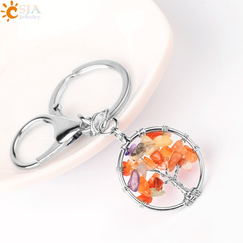 CSJA Pietra de cristal naturala Rotunda Arborele Vietii Pandantiv Brelocuri lucrate manual Suport cheie pentru femei Genti masina Accesorii E820