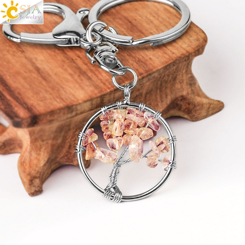 CSJA Pietra de cristal naturala Rotunda Arborele Vietii Pandantiv Brelocuri lucrate manual Suport cheie pentru femei Genti masina Accesorii E820