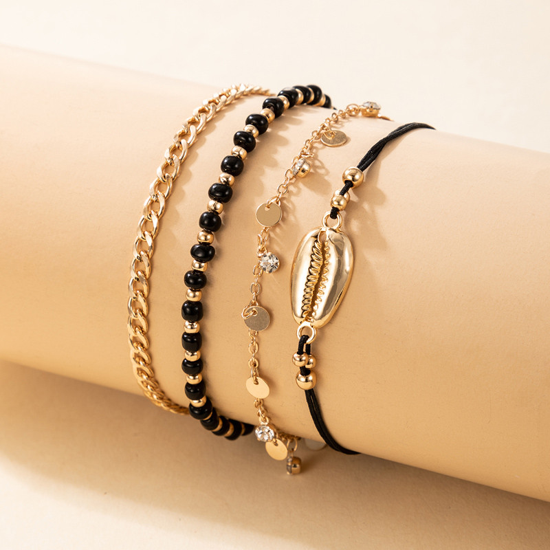 Tocona 4 buc/seturi de vară Shell ciucuri gleznele pentru femei cu margele negre din aliaj metalic picioare lanț bijuterii boeme accesorii 17495