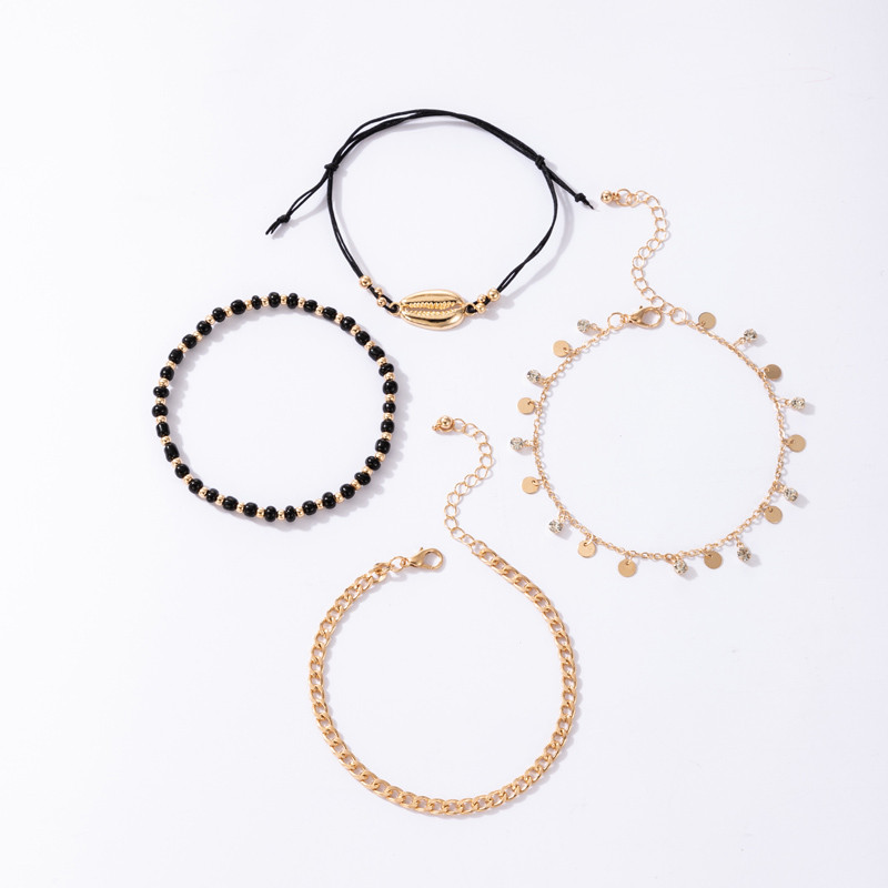 Tocona 4 buc/seturi de vară Shell ciucuri gleznele pentru femei cu margele negre din aliaj metalic picioare lanț bijuterii boeme accesorii 17495