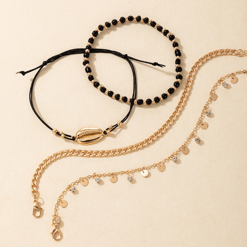 Tocona 4 buc/seturi de vară Shell ciucuri gleznele pentru femei cu margele negre din aliaj metalic picioare lanț bijuterii boeme accesorii 17495