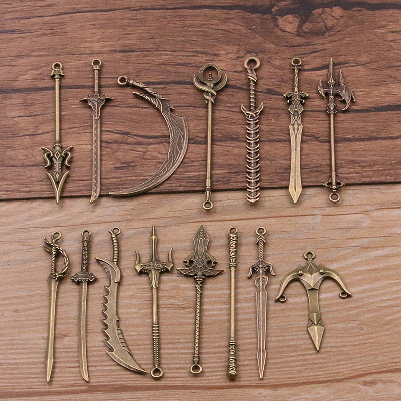 10 buc. 15 stiluri, aliaj mixt, 2 culori, cavaler, sabie, cuțit, pistol, arc farmece pentru bijuterii, bricolaj, arme lucrate manual, pandantiv