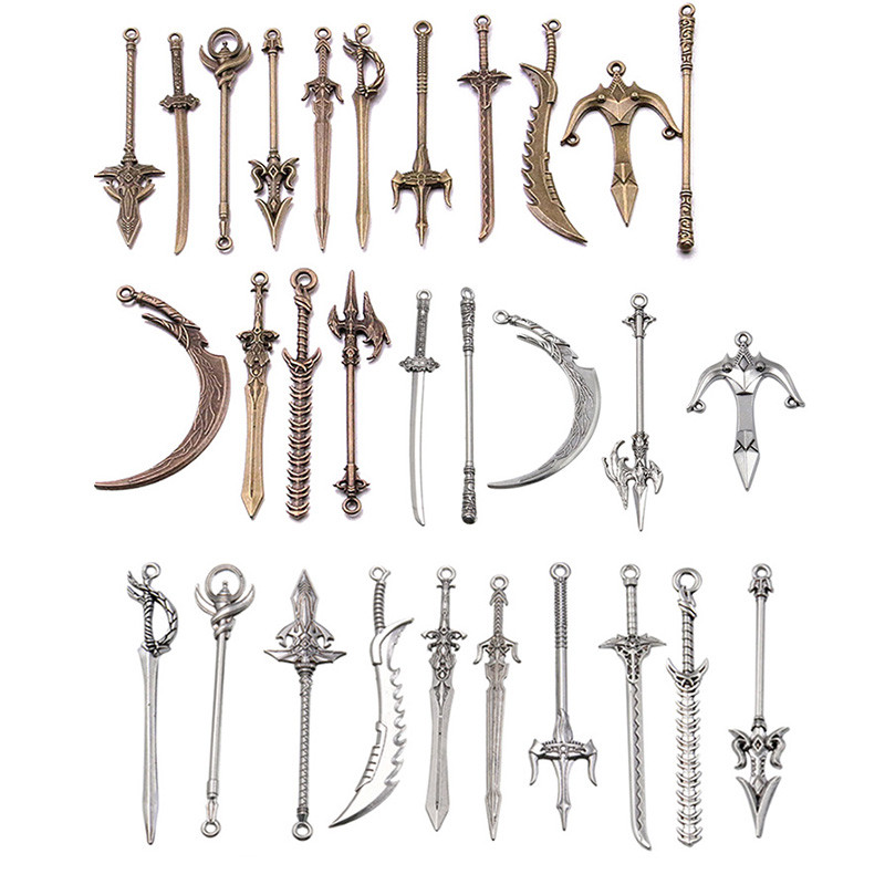 10 buc. 15 stiluri, aliaj mixt, 2 culori, cavaler, sabie, cuțit, pistol, arc farmece pentru bijuterii, bricolaj, arme lucrate manual, pandantiv