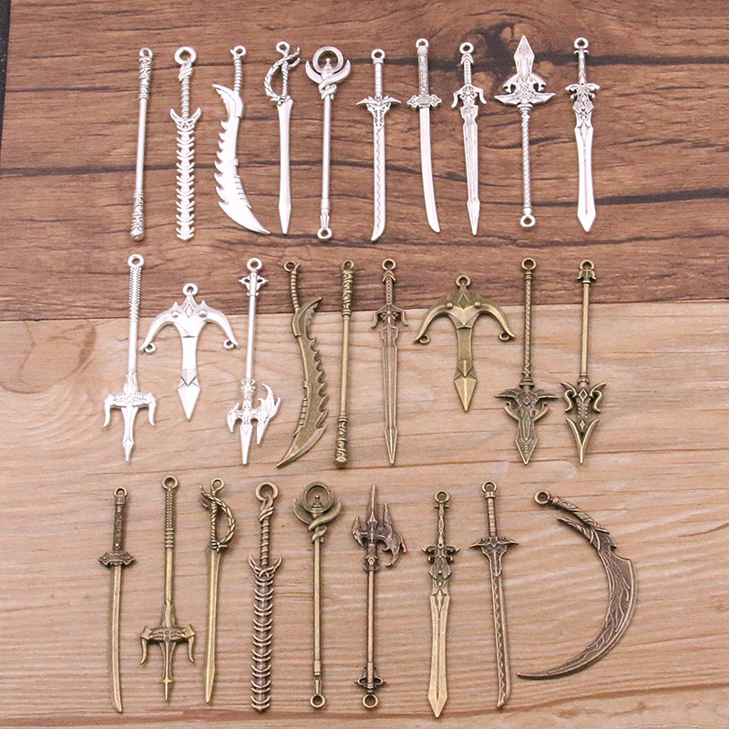 10 buc. 15 stiluri, aliaj mixt, 2 culori, cavaler, sabie, cuțit, pistol, arc farmece pentru bijuterii, bricolaj, arme lucrate manual, pandantiv