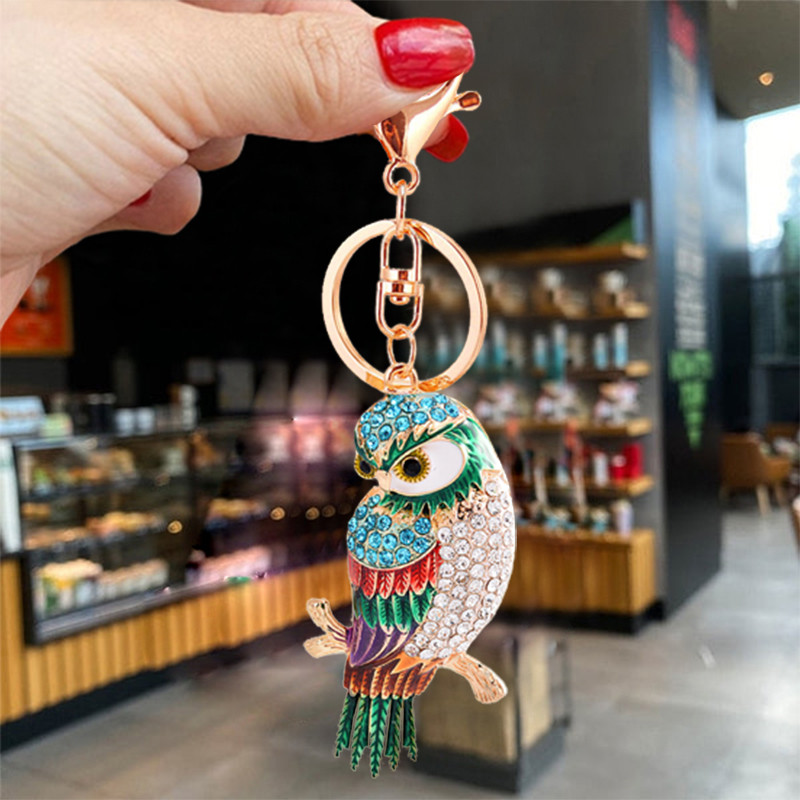 Drăguț cu stras cristal bufniță pasăre papagal breloc animal chei lanț cheie suport breloc pandantiv