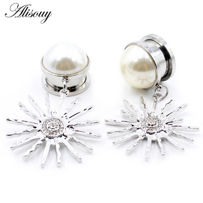 Alisouy 2PCS nerūdijančio plieno cirkonio perlų saulės gėlių pakabukas ausų kištukai tuneliai plėtimosi tempimo matuokliai kūno auskarų vėrimo papuošalai
