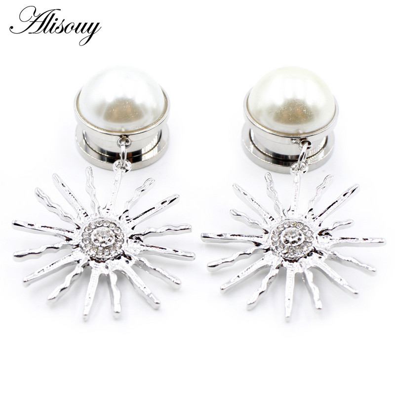 Alisouy 2PCS nerūdijančio plieno cirkonio perlų saulės gėlių pakabukas ausų kištukai tuneliai plėtimosi tempimo matuokliai kūno auskarų vėrimo papuošalai